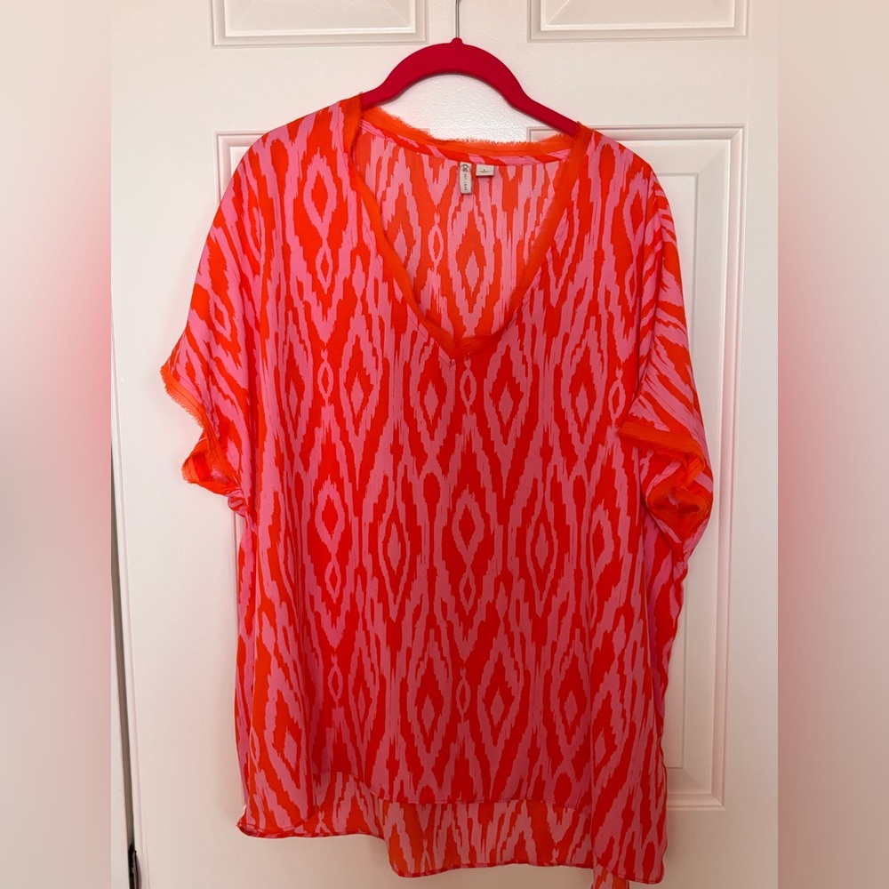 Cato Orange and Pink Ikat V-Neck Top